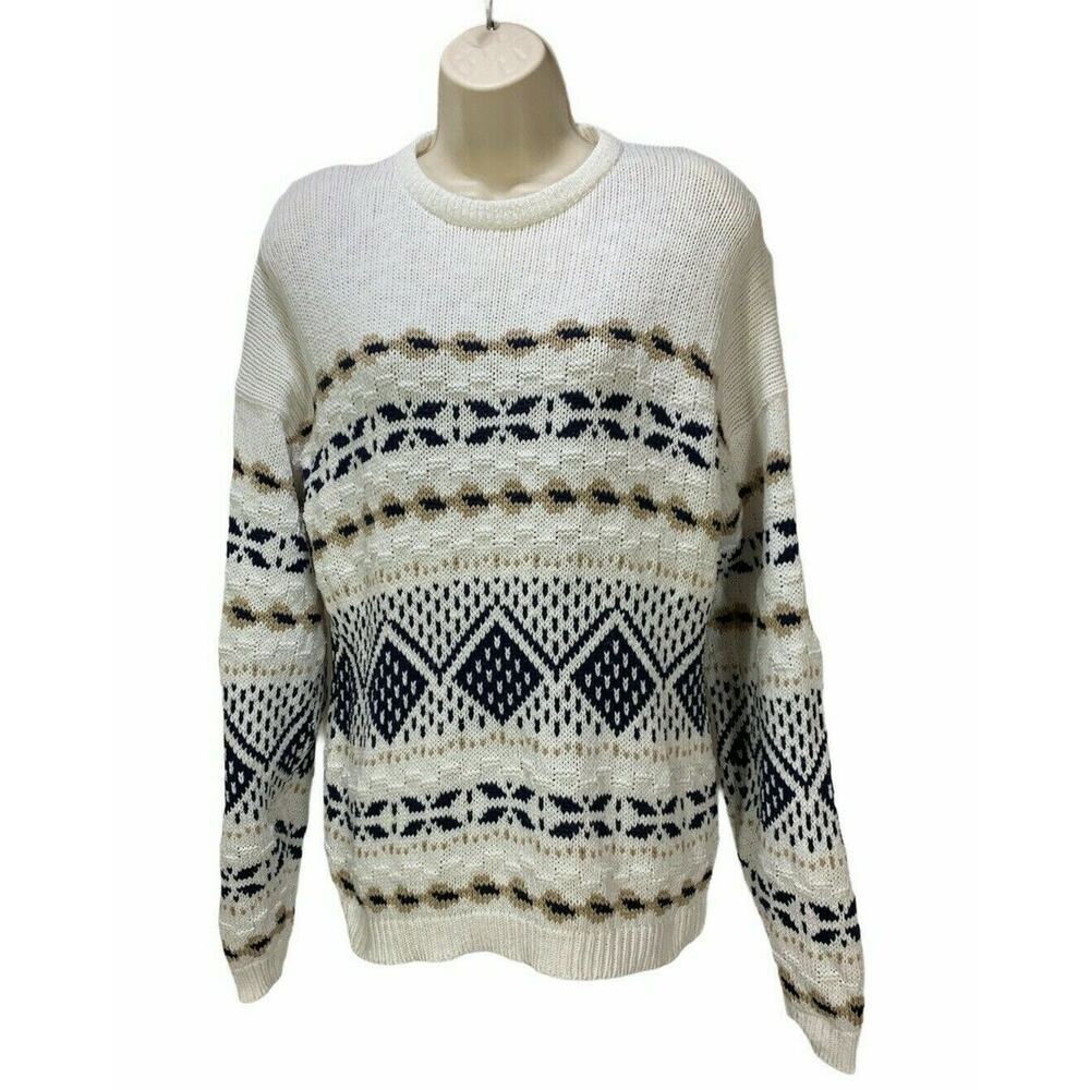 VTG 80's Keren Womens Sweater Size Medium White Knit Padded Cotton USA Pullover